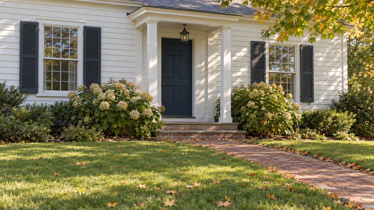Off-white clapboard house with a navy door, brick path, hydrangeas, and a maple with scattered autumn leaves.