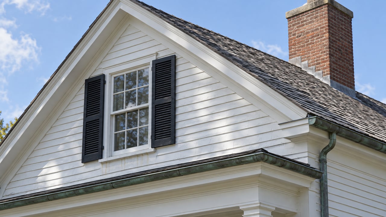 Close architectural view of a white clapboard home with black shutters, silvered cedar roof shingles, copper gutter and red brick chimney.