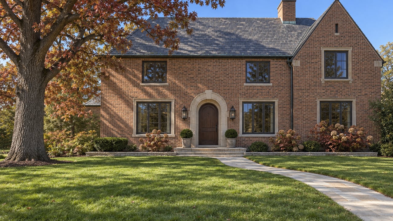 Brown-red brick home with a steep slate roof and limestone arched doorway, seen across a broad lawn beside a mature white oak in autumn.