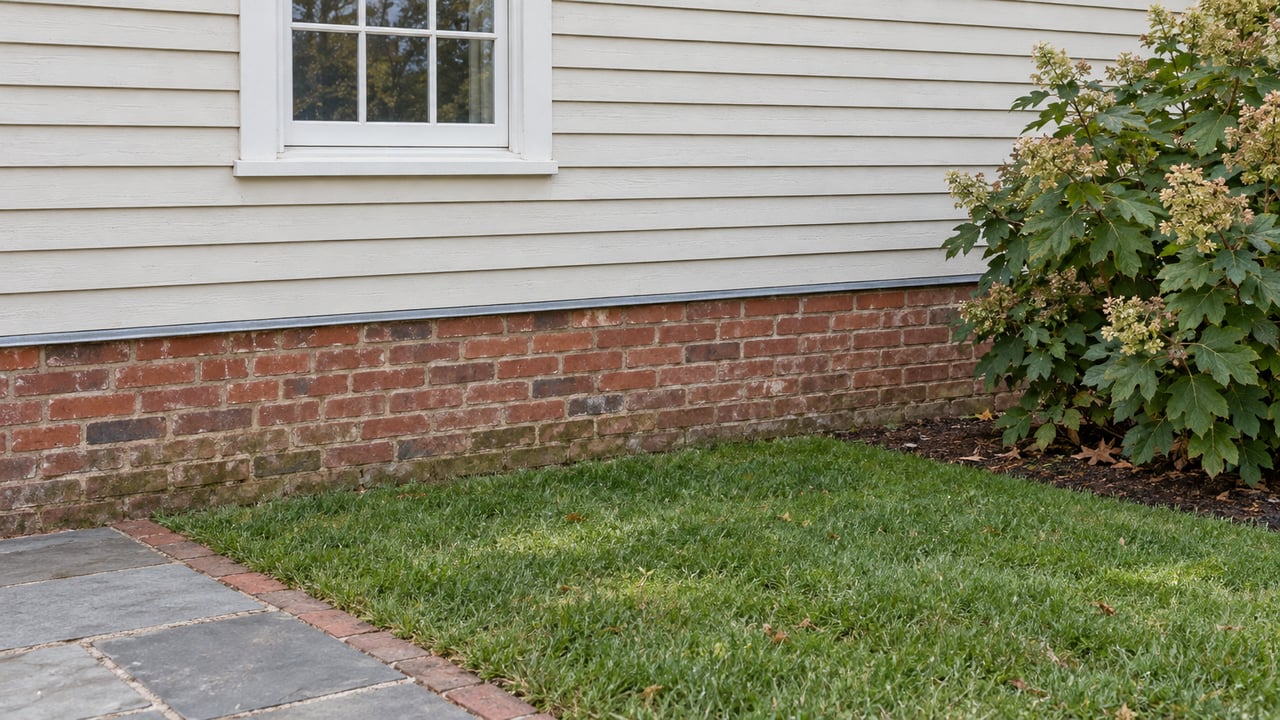 Off-white clapboard house with a white-trimmed window above a red-brick foundation, bluestone path, and oakleaf hydrangea.