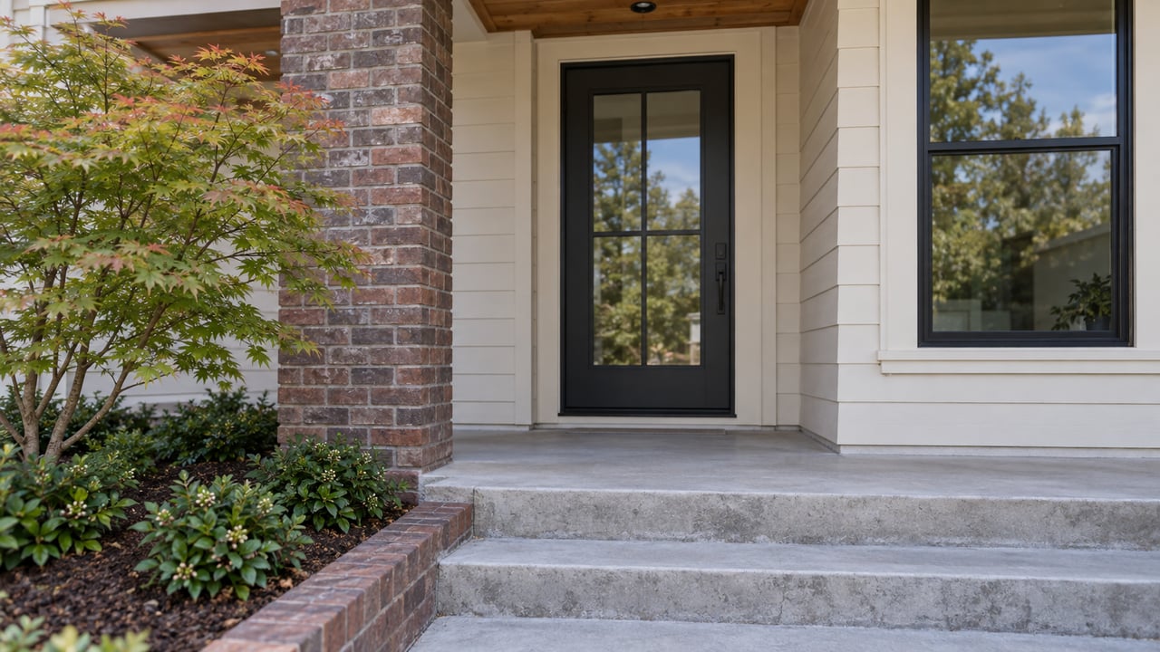 Recessed charcoal glass-paneled door between a brick pier and tall window, above concrete porch steps.