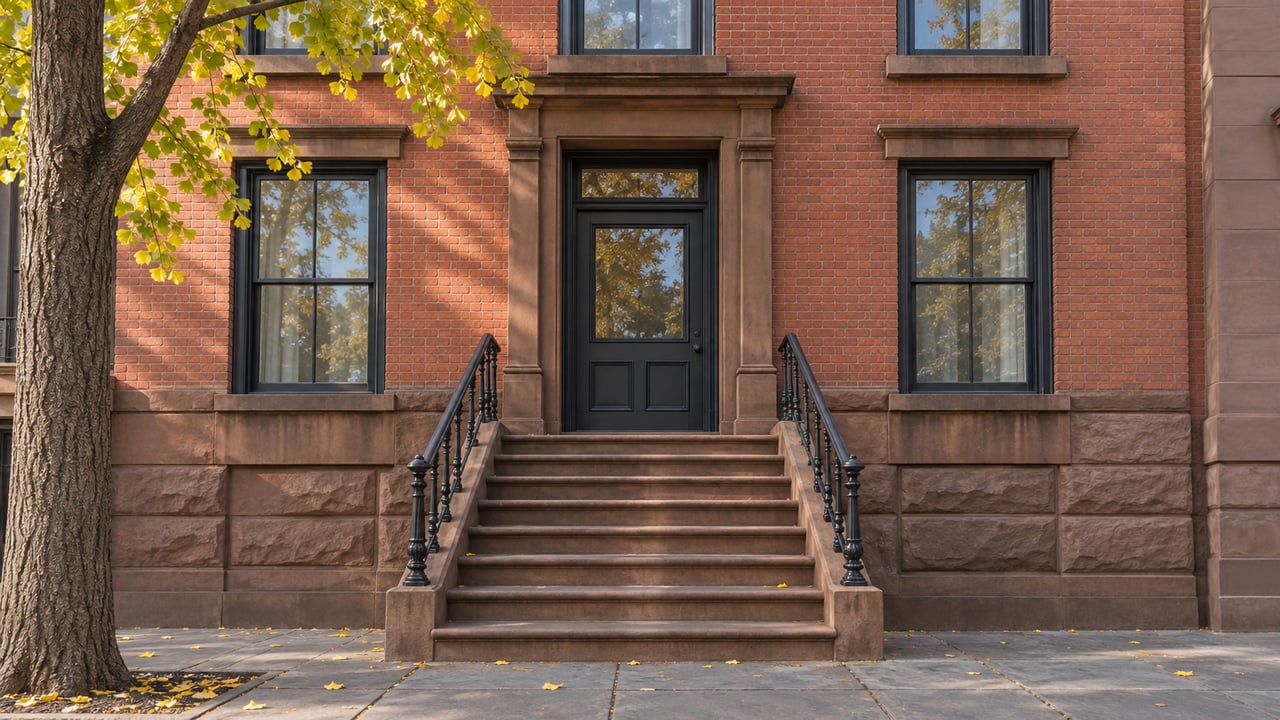 Worn brownstone stoop with black iron railings beneath a ginkgo tree beside a brick townhouse.