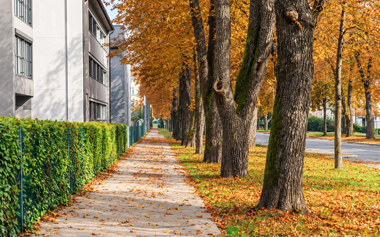 Modern apartment building beside a sidewalk lined with tall trees in autumn.