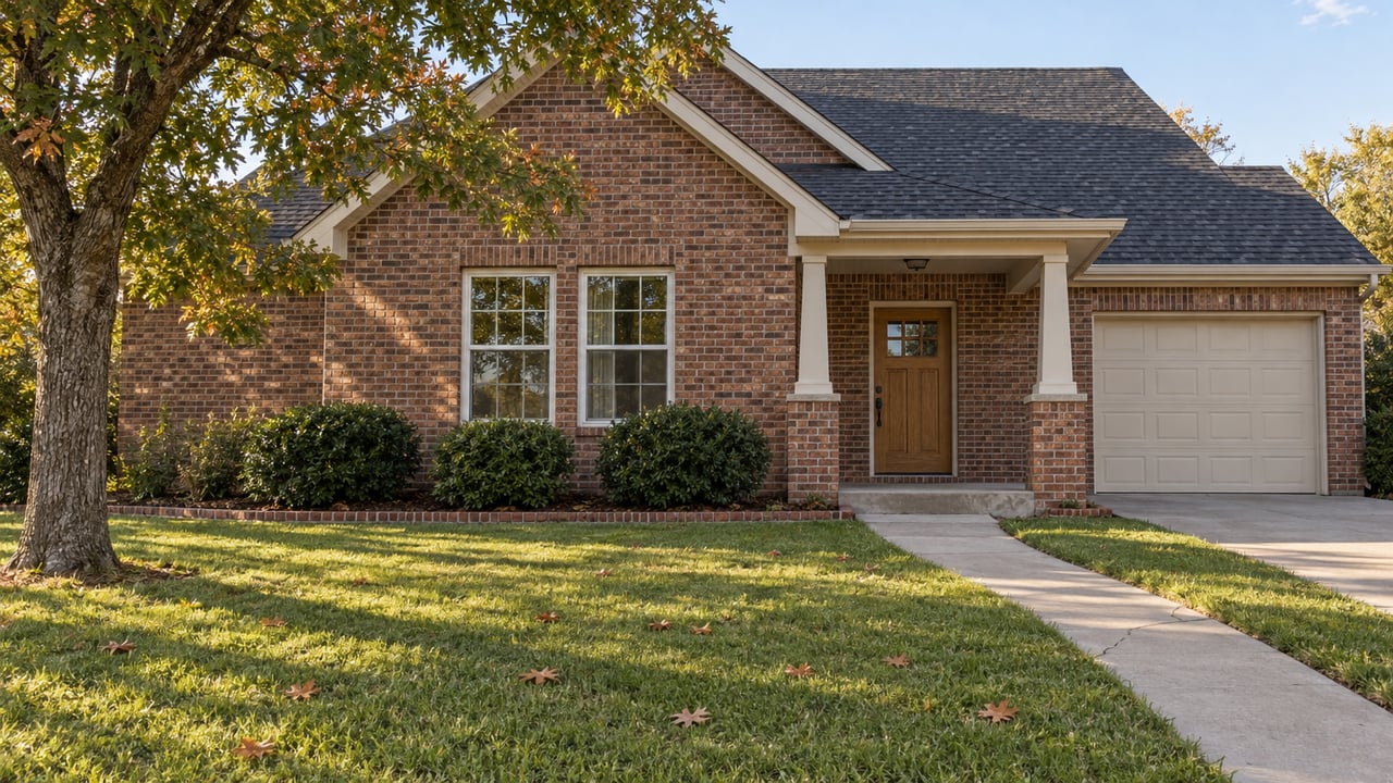 Brick single-family home with a covered front porch, deep lawn and mature oak in early-fall afternoon light.