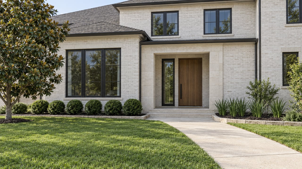 A pale brick home with a recessed oak entry, limestone surround and landscaped concrete approach in late-morning light.