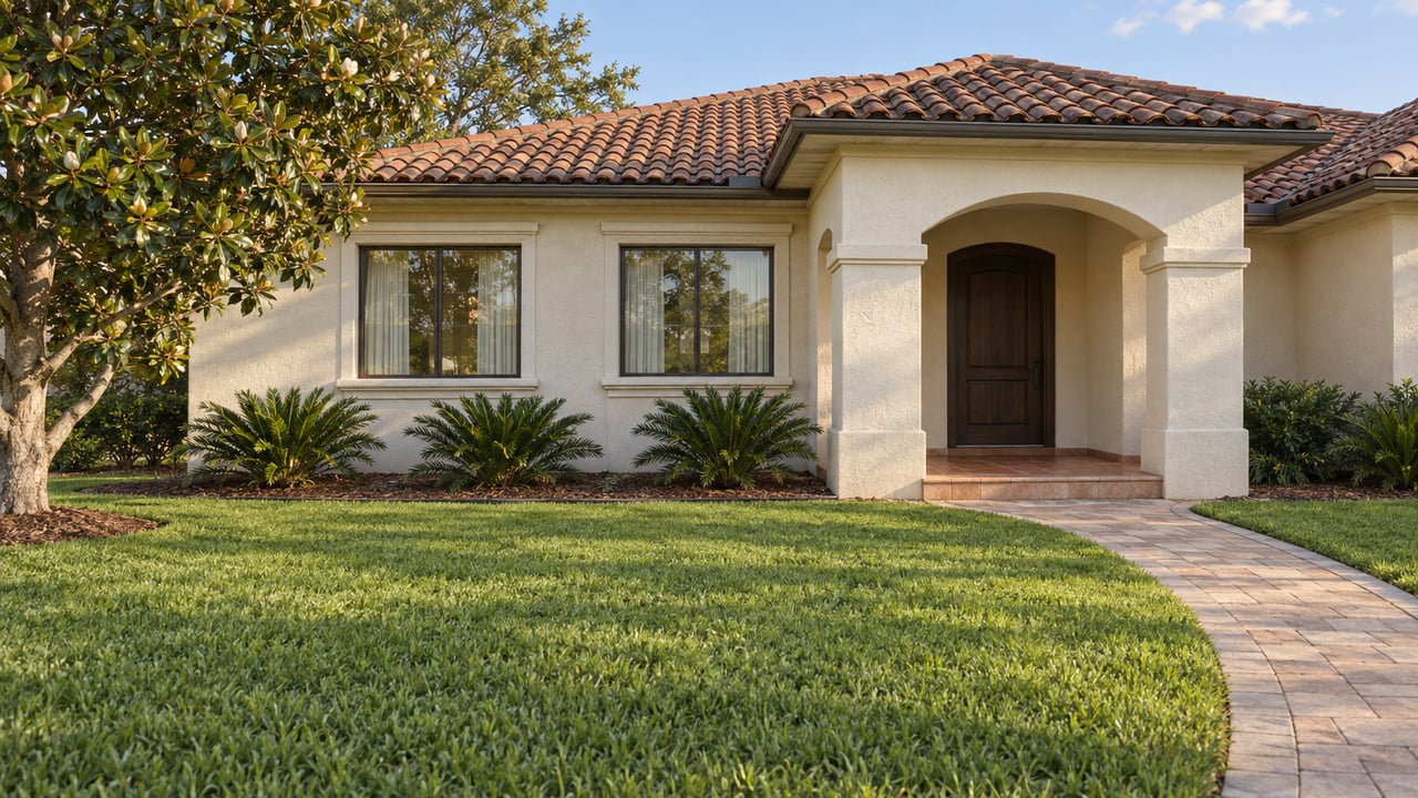 Ivory stucco home with a clay tile roof, recessed arched entry, and curving paver walk across a broad lawn.
