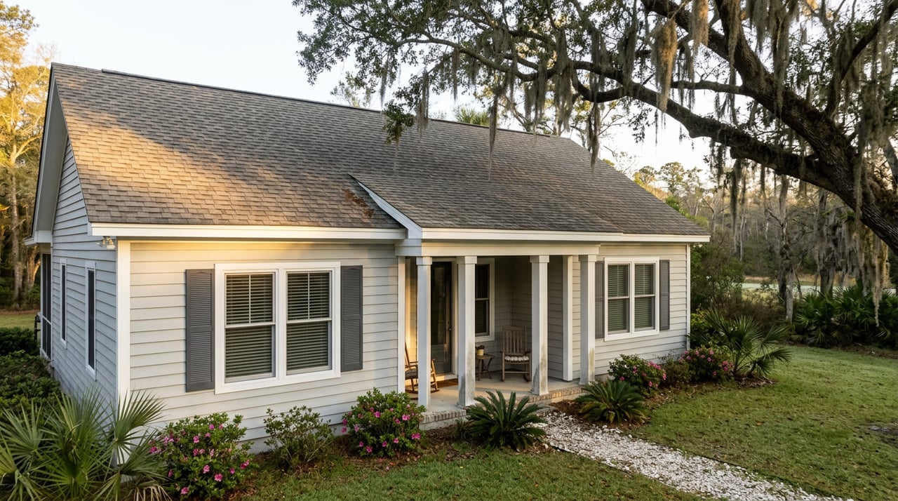 Gray cottage with white trim, charcoal shutters and a covered stoop beneath a moss-draped live oak.