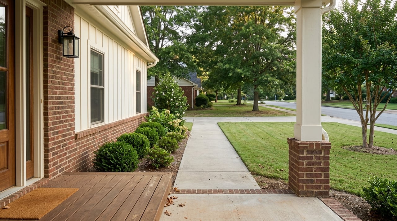 Brick-and-siding house porch with square columns, a concrete walkway crossing the lawn, and leafy oak canopy.