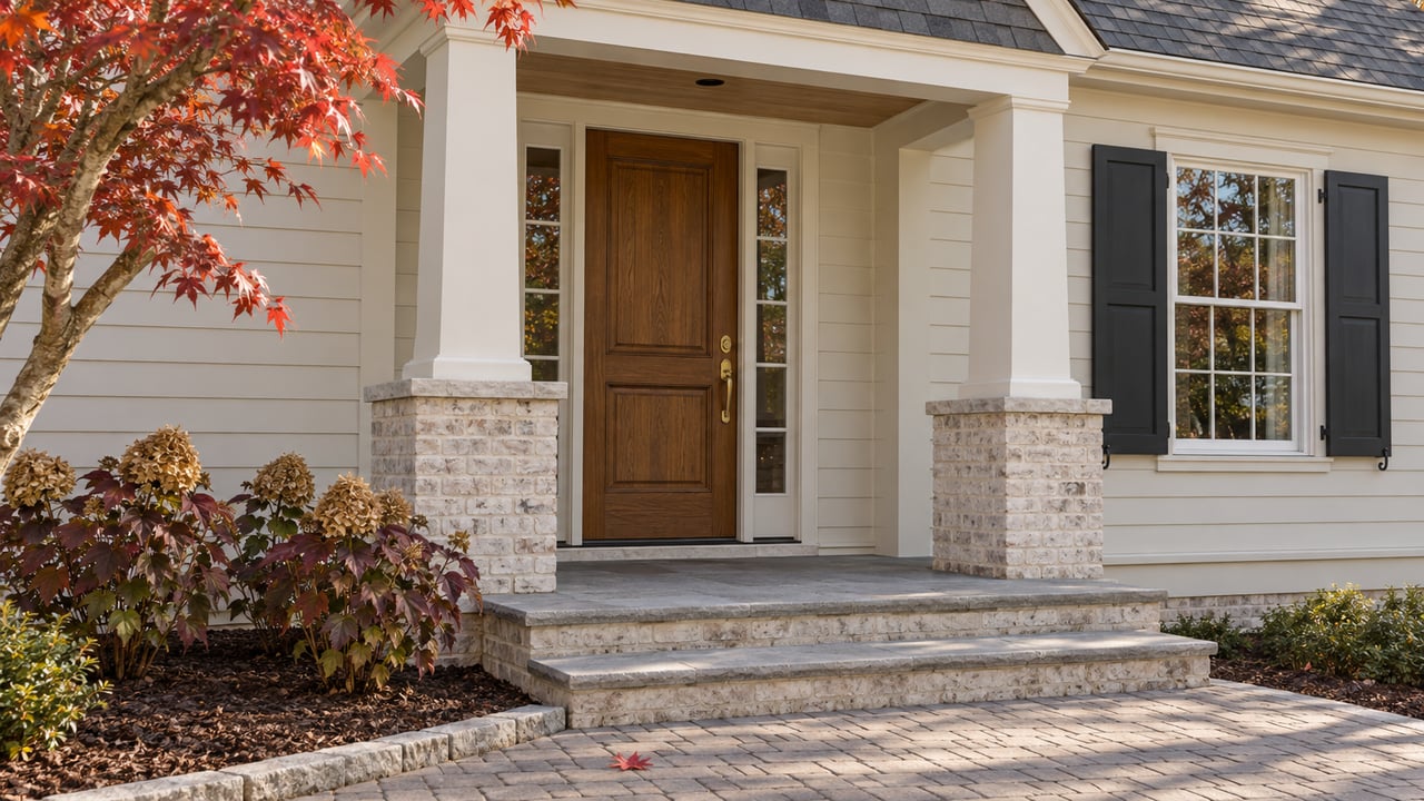 Cream-sided home with an oak entry door, black shutters, limestone porch steps, and rust-red maple foliage.