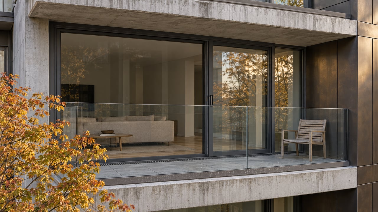 Close view of a concrete condominium balcony with glass doors, bronze cladding, a teak chair and copper-yellow vine maple leaves.