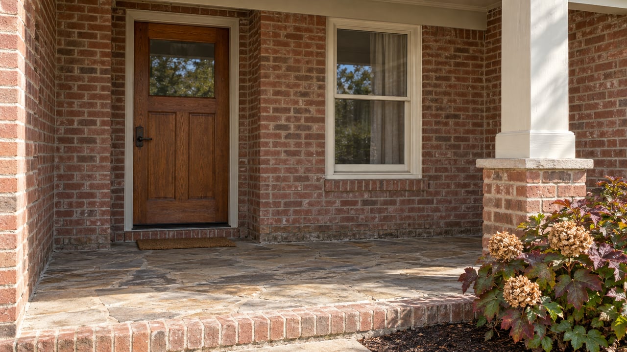 Covered brick porch with an oak front door, cream-trimmed window, sandstone paving and an oakleaf hydrangea with autumn foliage.
