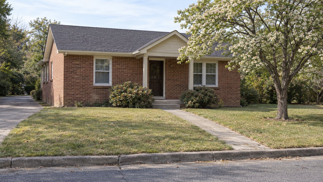 Single-story red-brown brick house set behind a lawn, with a dogwood tree and concrete walkway.