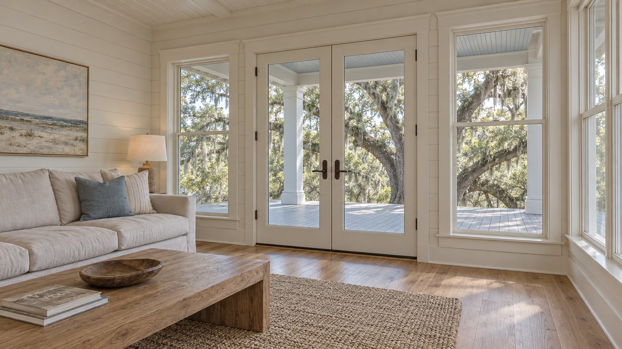 Light-filled living room with linen seating, oak flooring and closed glass doors opening visually onto a shaded porch beneath a mature live oak.