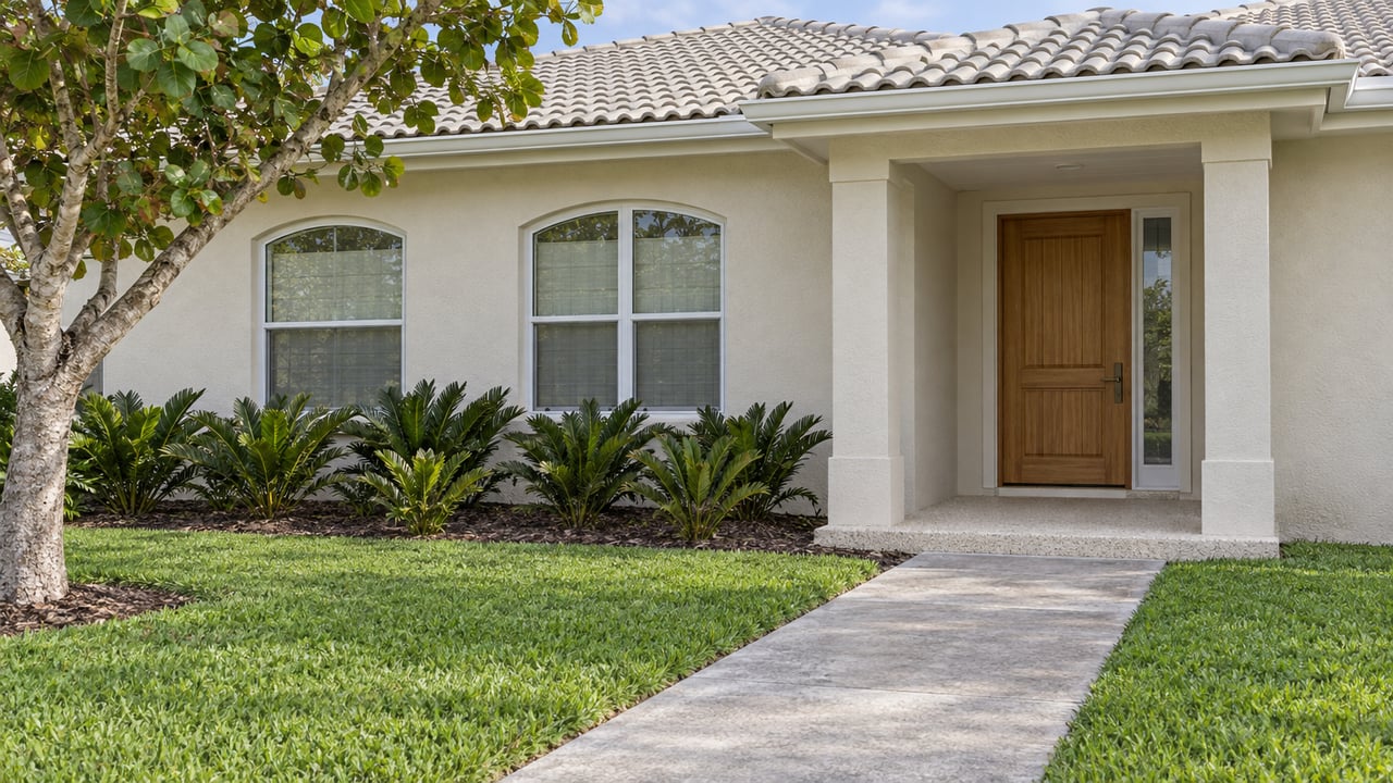 Ivory stucco home with a gray tile hip roof, recessed timber front door, arched windows and a concrete walk bordered by lawn and coontie planting.