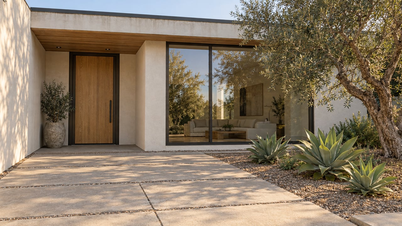 Low-angle view of a warm-white stucco home with an oak entry, bronze-framed window, olive tree and agaves beside a paved approach.