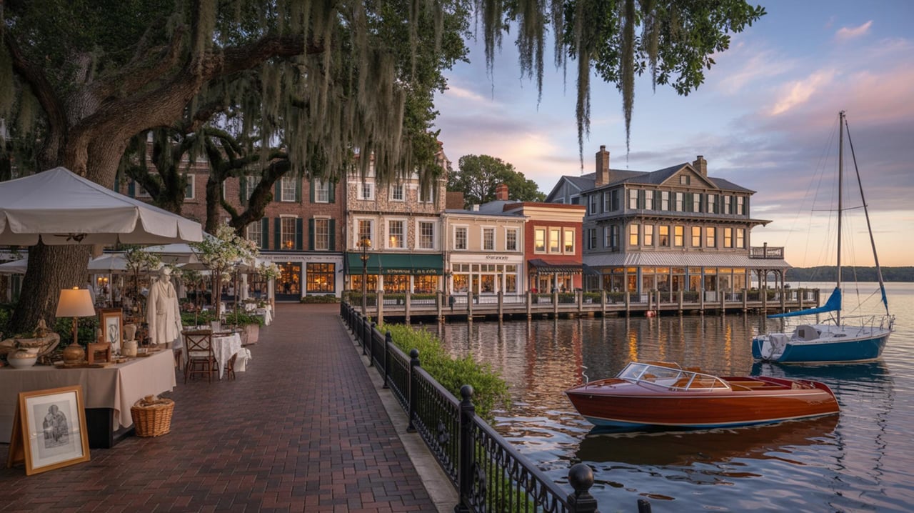 Brick waterfront promenade lined with shops beneath moss-draped trees, with boats moored at dusk.
