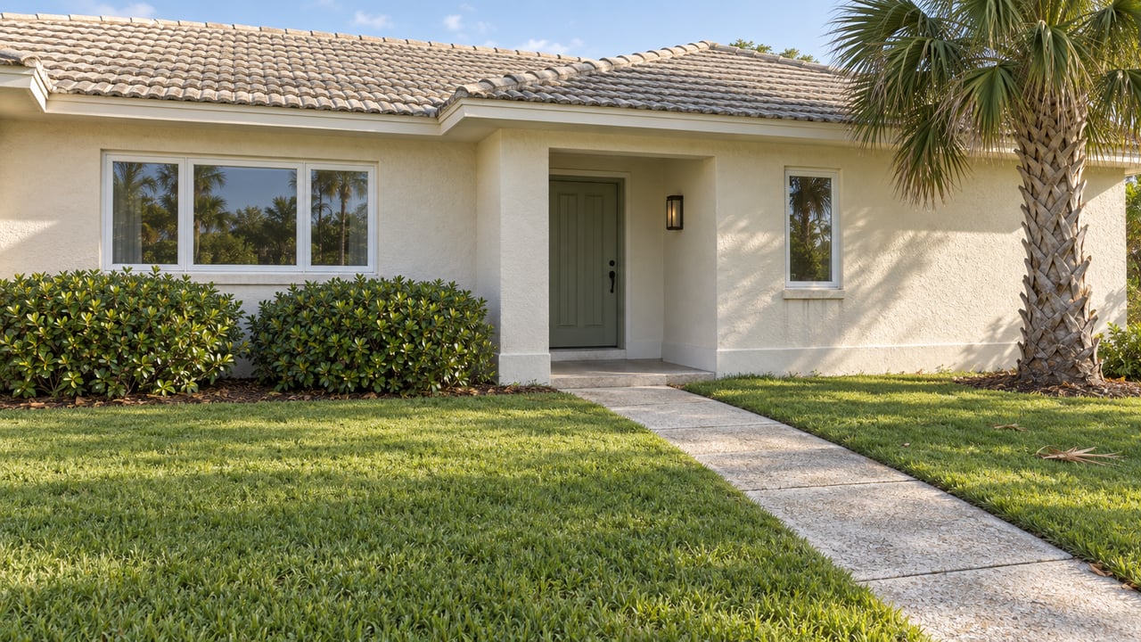 Cream stucco house with pale tile roof, diagonal walkway across the lawn, and a palm at the right edge.