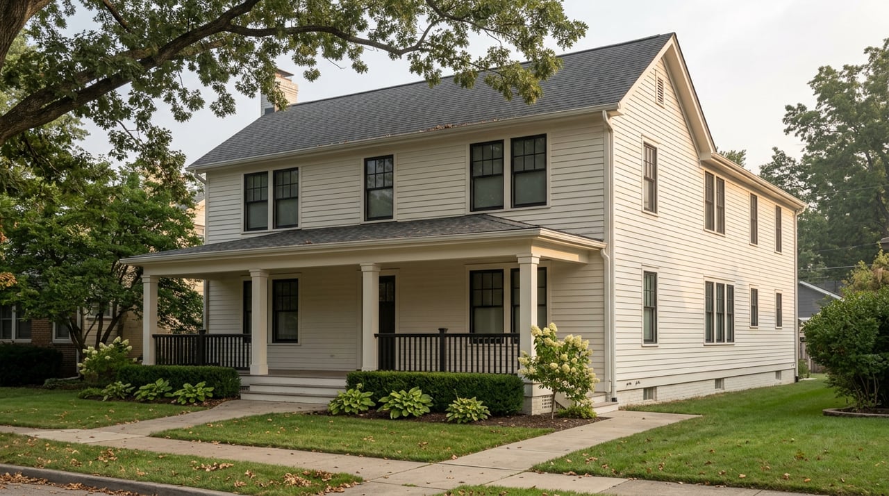 Two-story off-white gabled house with a covered porch beneath a large oak, its side receding along a narrow lot.