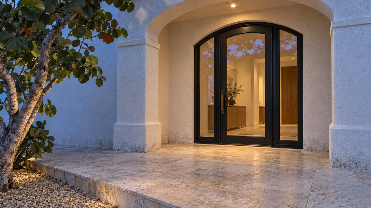 Blue-hour view of a white stucco arched entry with black-framed glass doors, pale limestone paving and a sculptural sea grape tree.