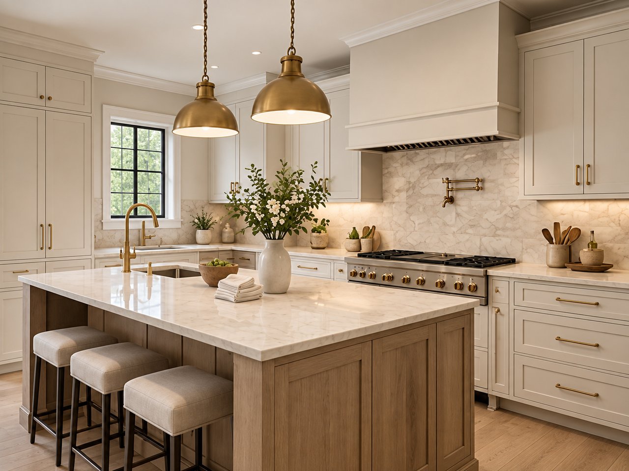 Bright kitchen with a marble-topped island, cream cabinetry, brass fixtures, and three upholstered stools.