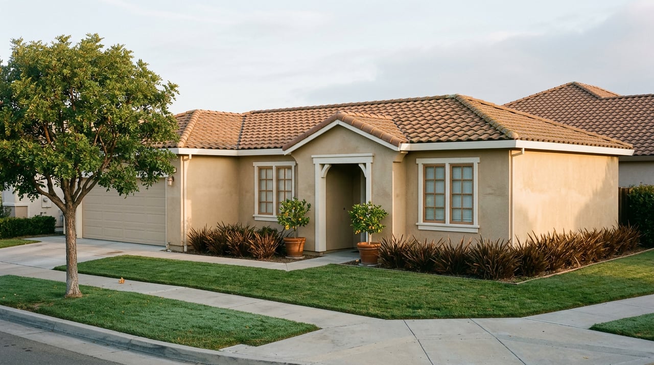 Sand-colored stucco home with a terra-cotta tile roof, potted kumquat trees, and a trimmed lawn.