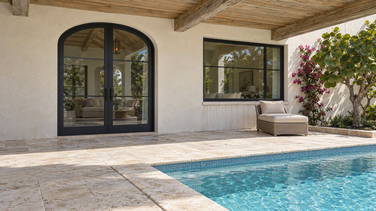 Covered cypress terrace overlooking a limestone-edged pool, warm stucco walls and black arched glass doors, with sea grape and flowering bougainvillea.