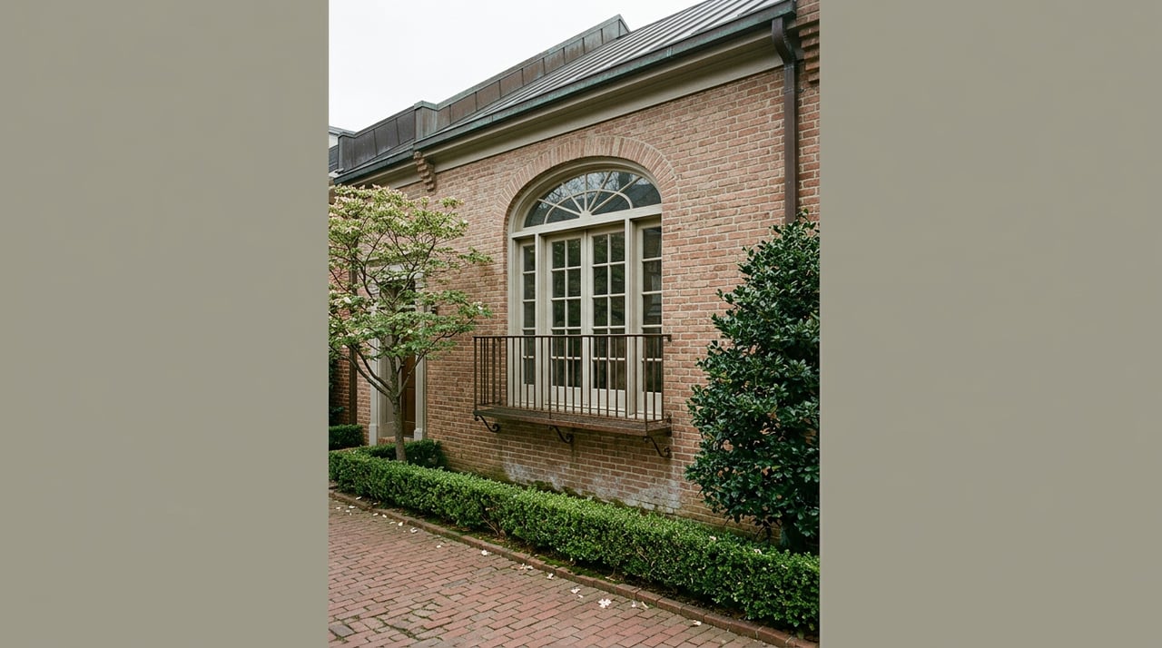 Two-story brick townhome with an arched multi-pane window, iron balcony, and low hedge along the sidewalk.