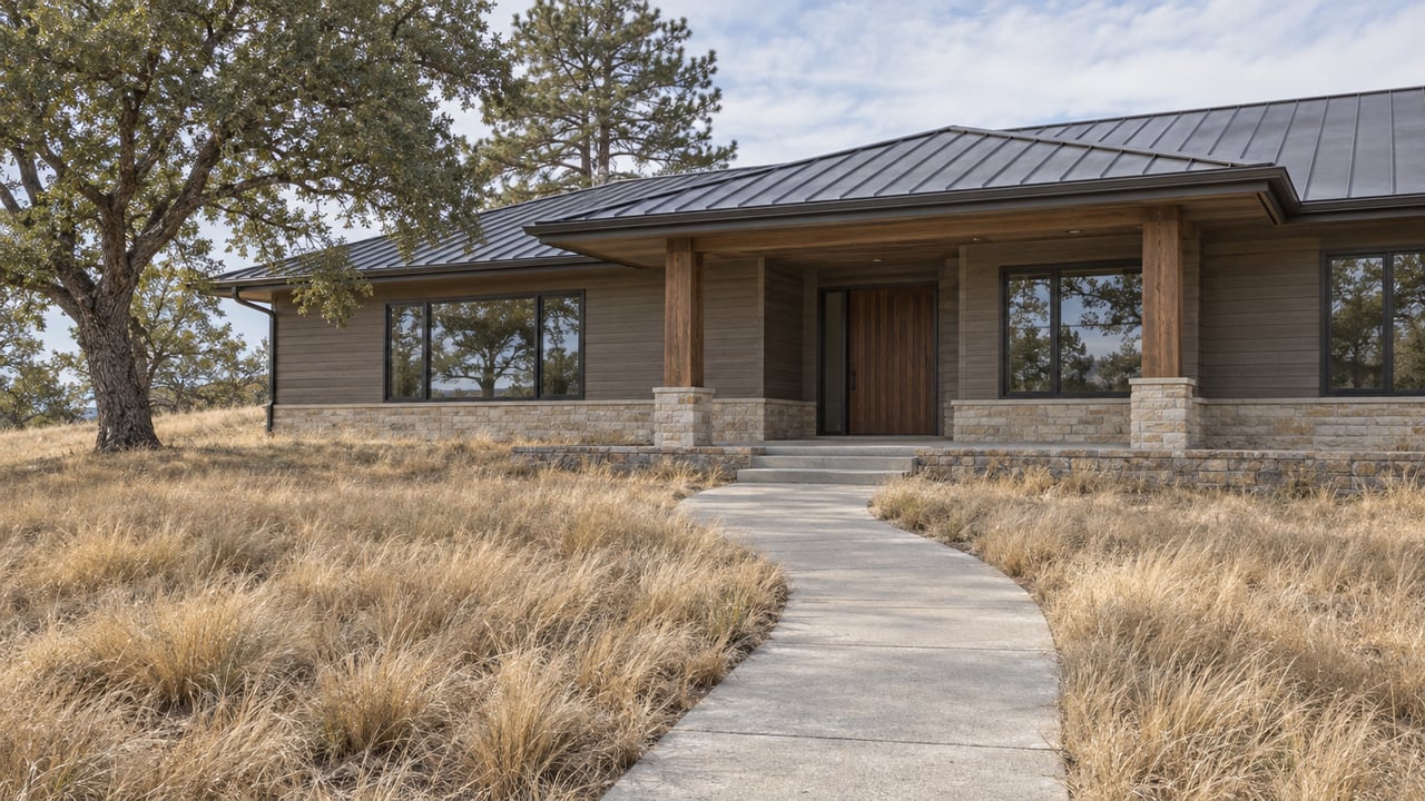 Low-roofed home with earth-gray siding and a covered timber entry beyond a dry meadow, framed by a blue oak and a ponderosa pine.
