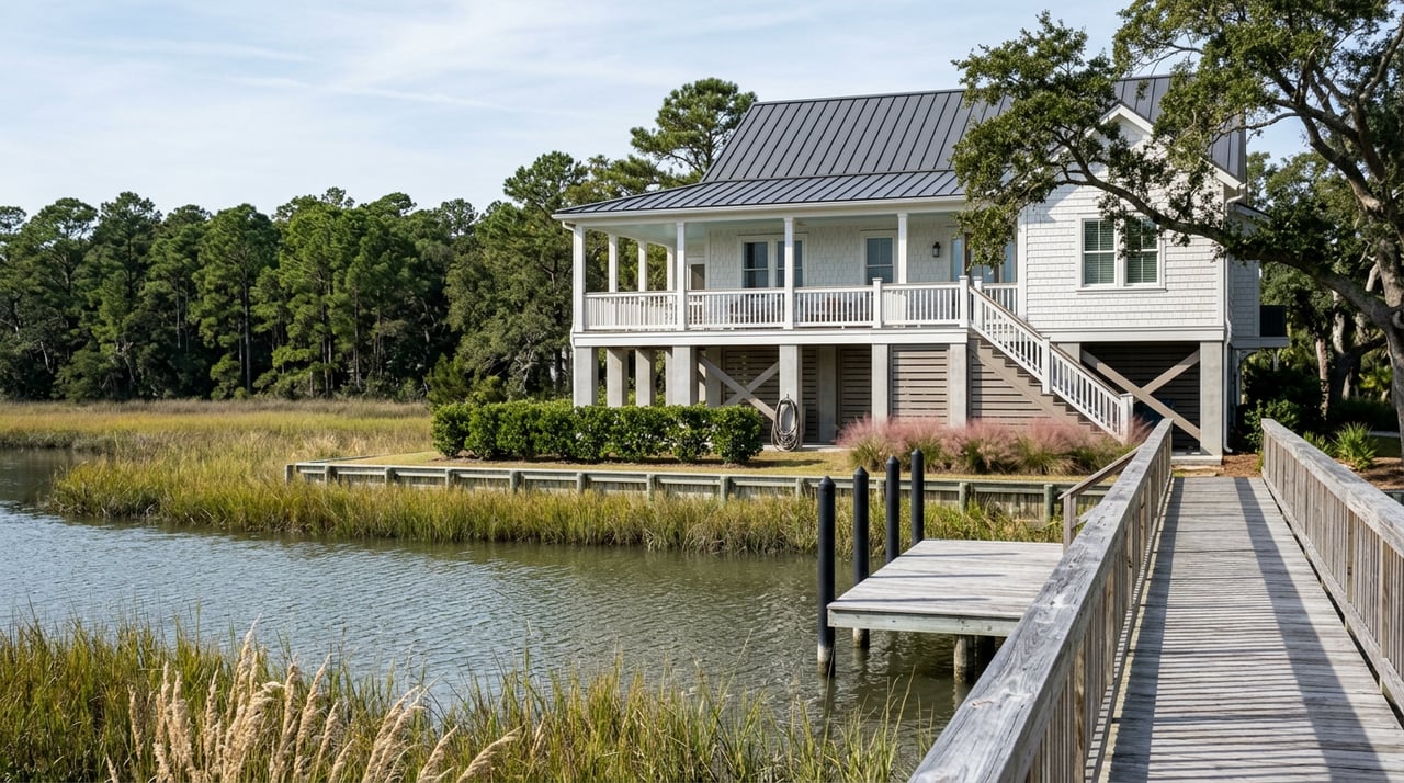 Elevated coastal home on concrete piers, weathered dock crossing tidal creek beneath a broad live oak.