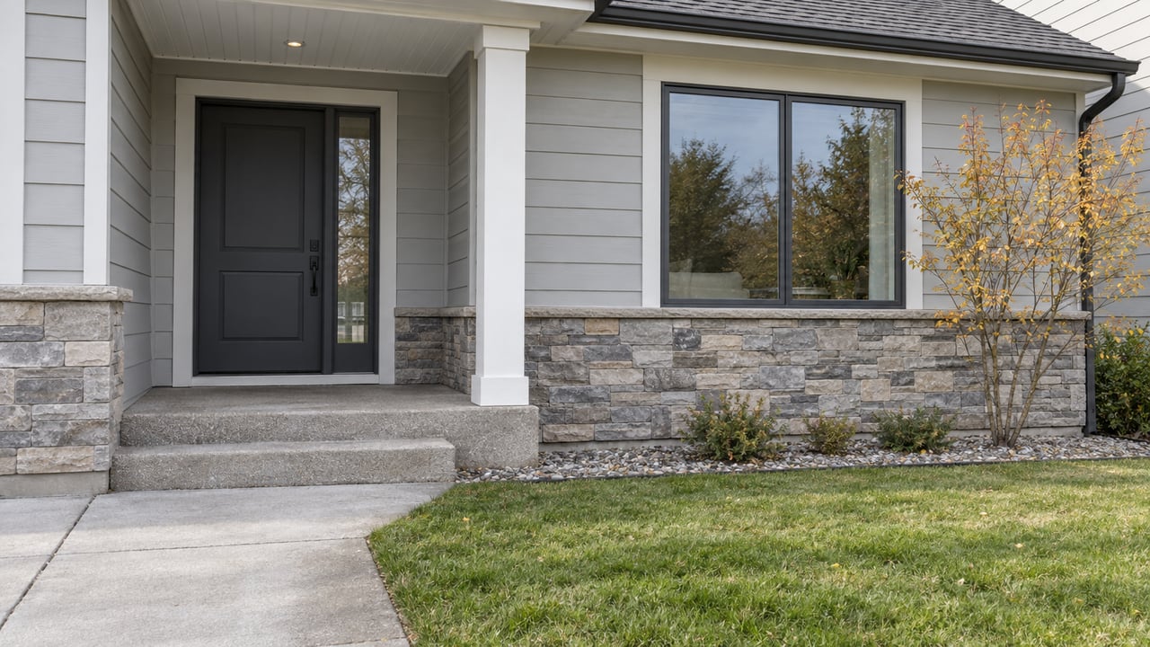 Light-gray single-story home with a recessed charcoal front door, stone wainscot, concrete steps and an autumn serviceberry beside the front window.