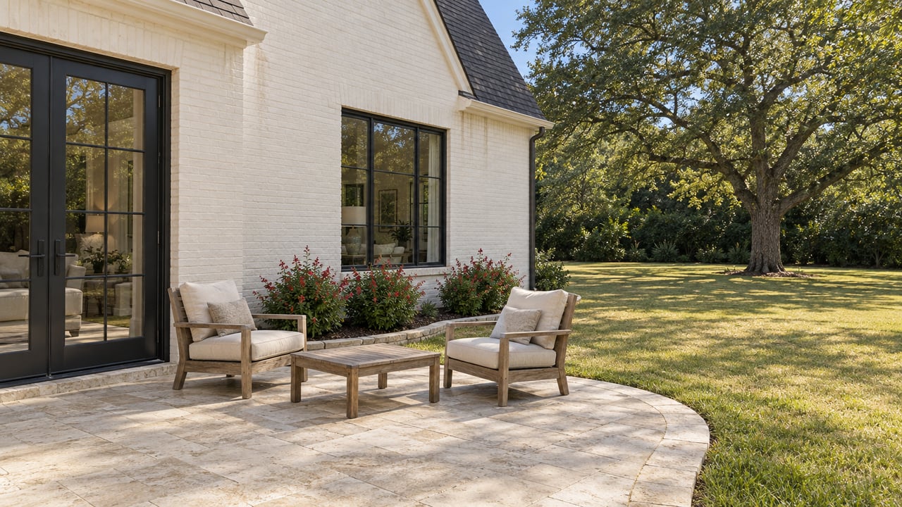 Sunlit limestone terrace with teak chairs beside a pale brick home, opening onto a broad lawn beneath a mature live oak.