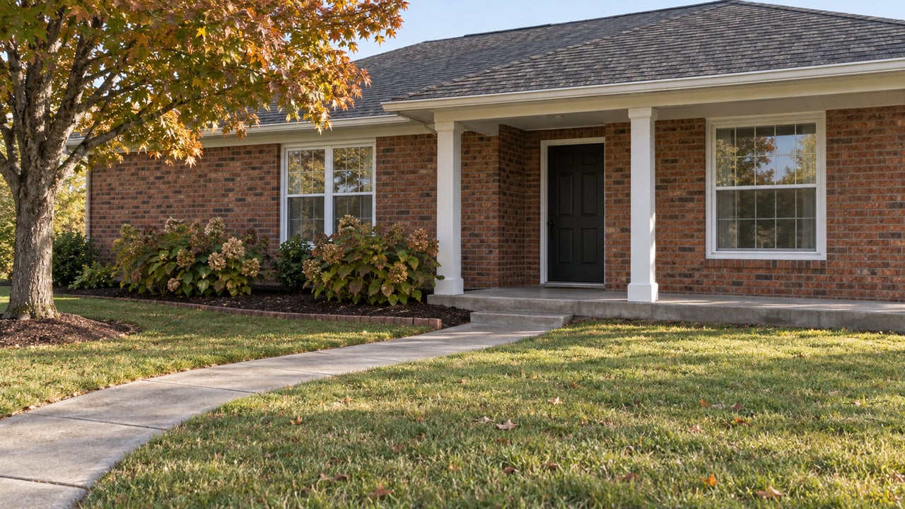 A traditional red-brick home with a shaded front porch, concrete approach, deep autumn lawn and mature maple.