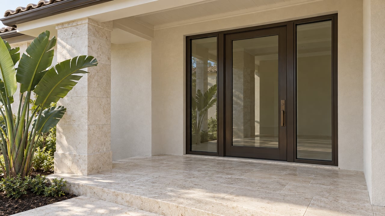 Covered entry of a pale stucco home with limestone paving, a bronze glass door, matched sidelights and a mature white bird of paradise.