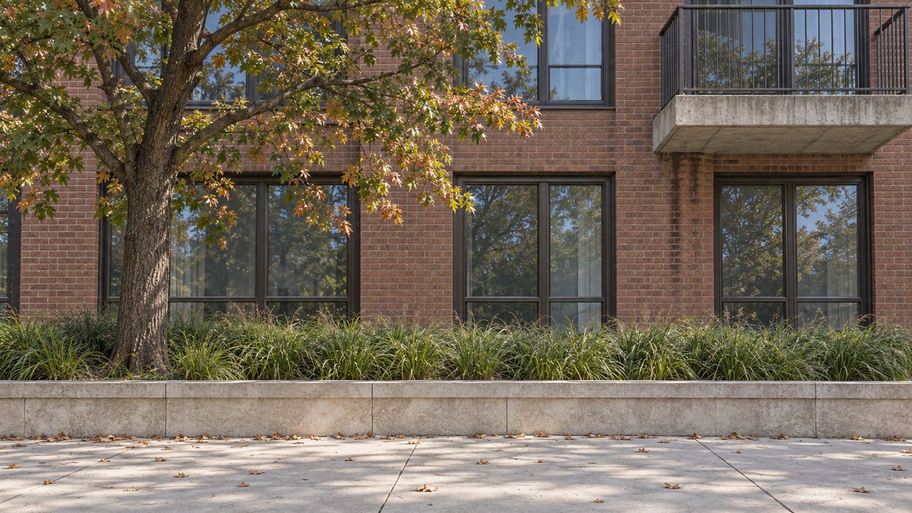 Red-brown brick residential tower with reflective windows above a raised bed of grasses and a mature tree.