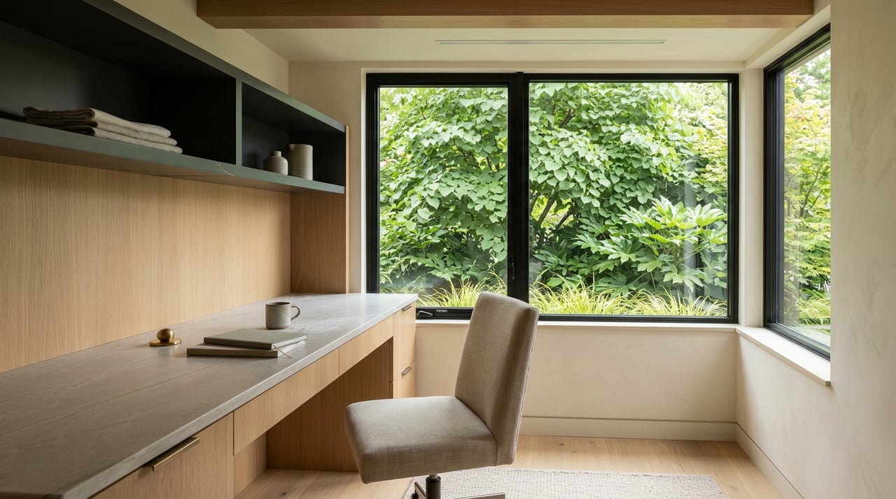 Built-in white oak desk nook with charcoal shelves, a linen chair, and a window filled with leafy trees.