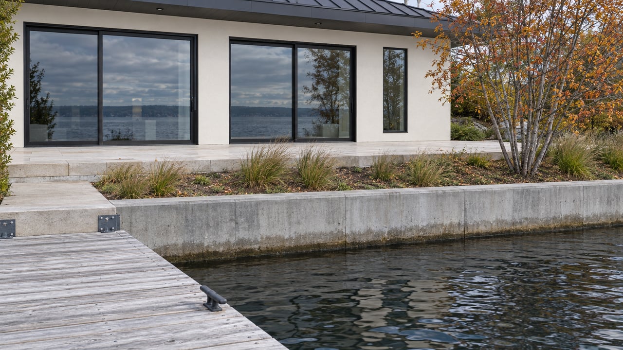 Contemporary lakeside house behind a planted bank and concrete retaining wall, with a weathered dock over rippling water.