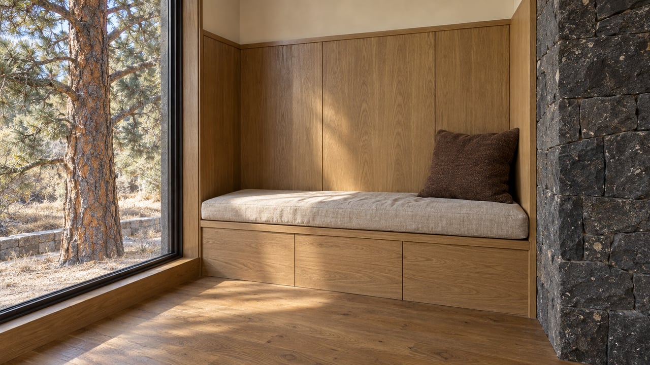 Built-in window seat in a wood-paneled nook, beside a large window and dark stone wall.