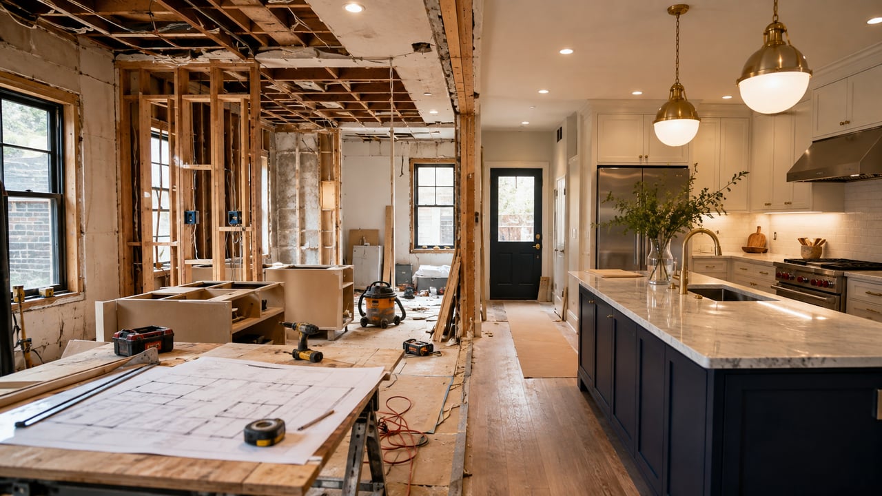 Kitchen renovation with exposed framing beside a finished kitchen with a marble-topped island.
