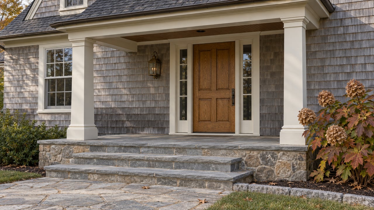 Weathered cedar-shingle home entry with an oak door, paired cream porch columns, bluestone steps, and russet oakleaf hydrangea.