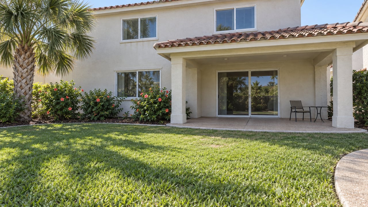 Sunlit ivory stucco home with a terracotta roof, covered patio, broad lawn, and flowering hibiscus.