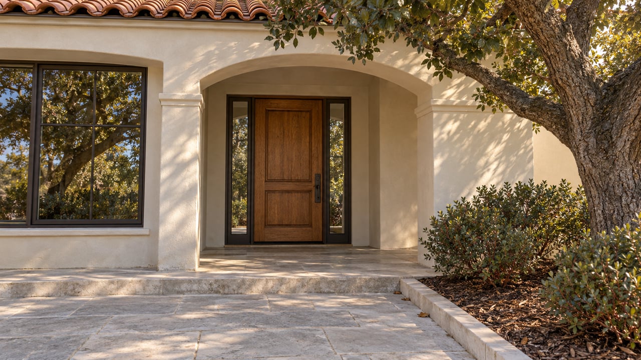 Cream stucco home with a terracotta roof, recessed oak entrance, limestone approach, and mature live oak in warm afternoon light.