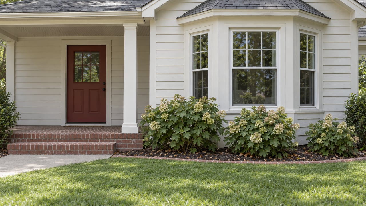 White-sided home with a covered brick porch, muted red front door and bay window above oakleaf hydrangeas and a green lawn.