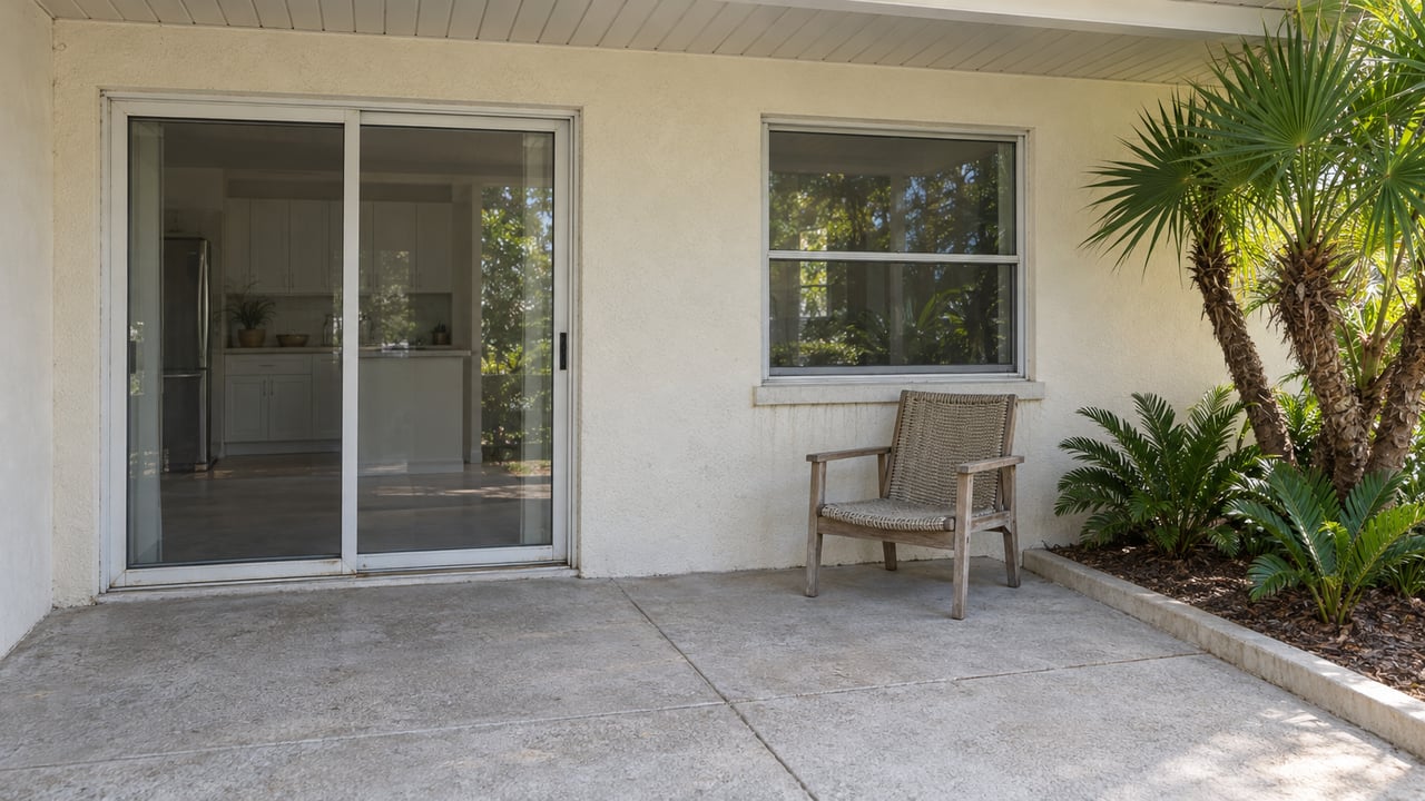 Shaded concrete patio beside a cream stucco home, with closed sliding glass doors, a teak chair and sculptural native palms.