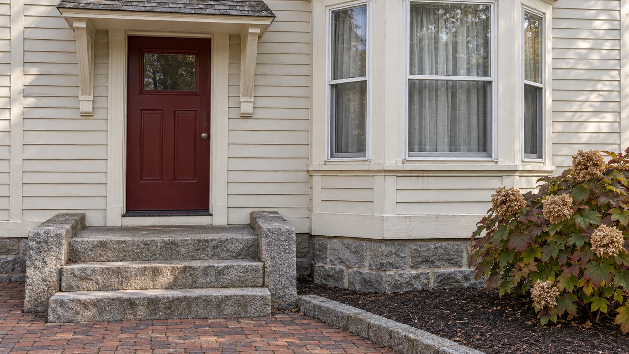 Ivory clapboard home with an oxblood front door, glazed bay window, worn granite entry steps and an autumn oakleaf hydrangea.