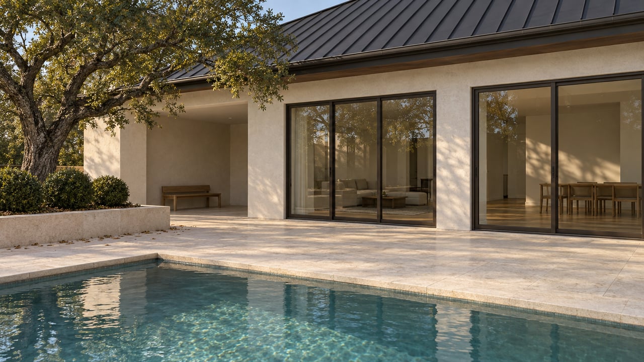Blue-green pool beside a limestone terrace and stucco home with dark-framed glass doors and an oak tree.