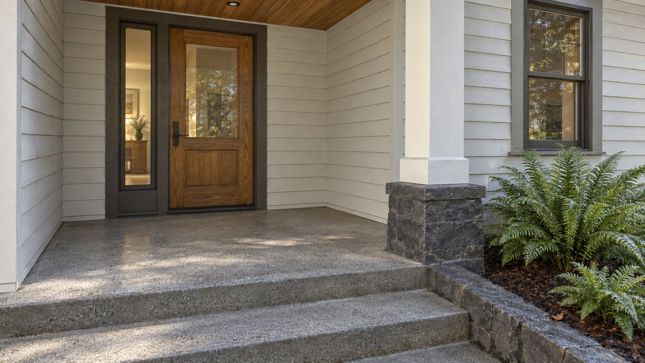Covered entry with an oak-and-glass door, ivory lap siding, weathered concrete steps and two sword ferns beside a basalt stair cheek.