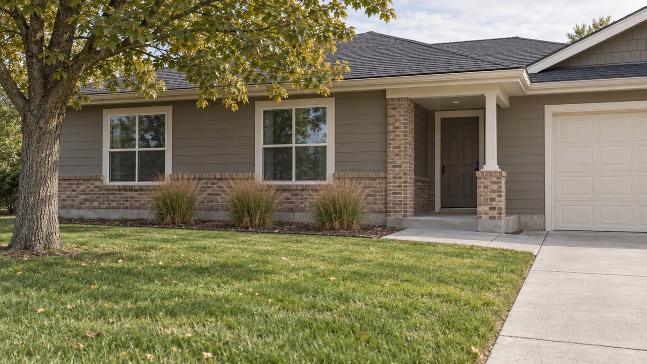 A single-story home with taupe siding, a brick porch pier and a broad lawn beneath a mature oak in soft daylight.