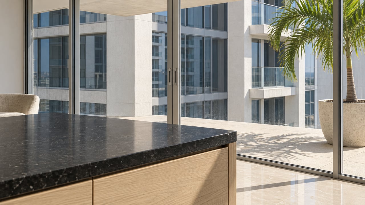 Black granite island and pale oak cabinetry beside closed glass terrace doors, with a single palm and sunlit condo balconies beyond.