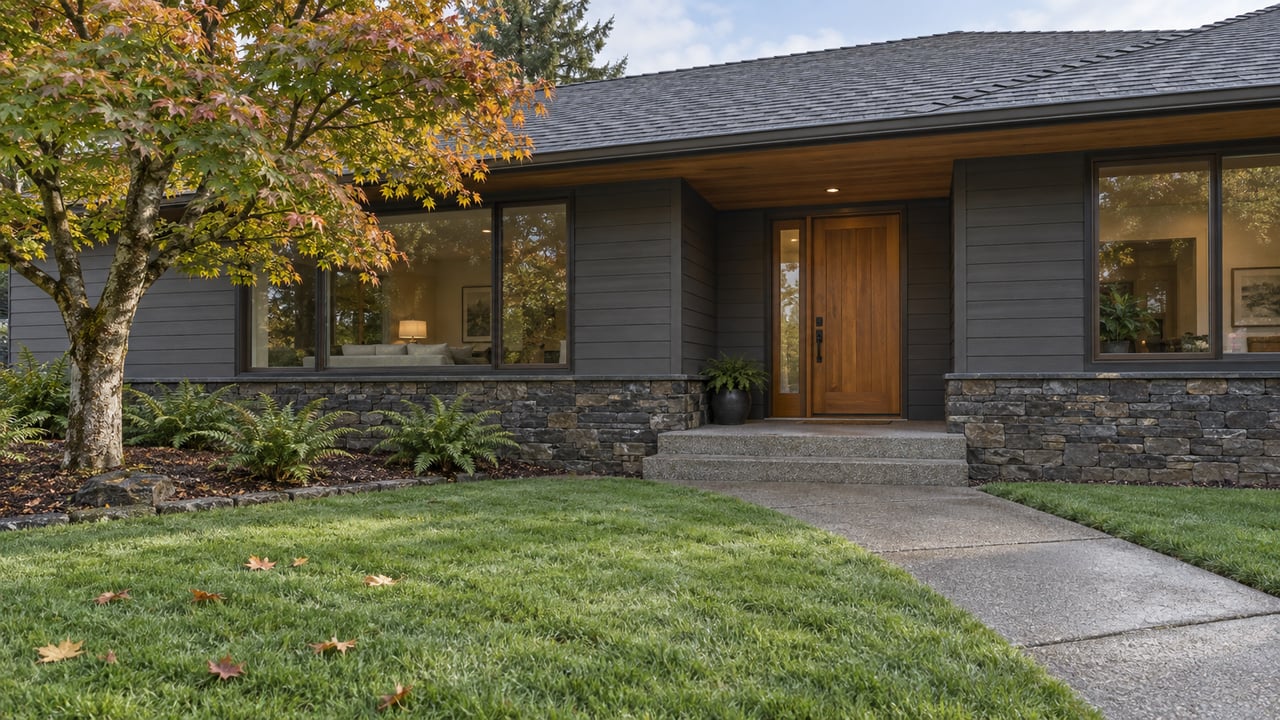 Charcoal-sided home with cedar entry, basalt base, and a broad autumn lawn beneath a vine maple.