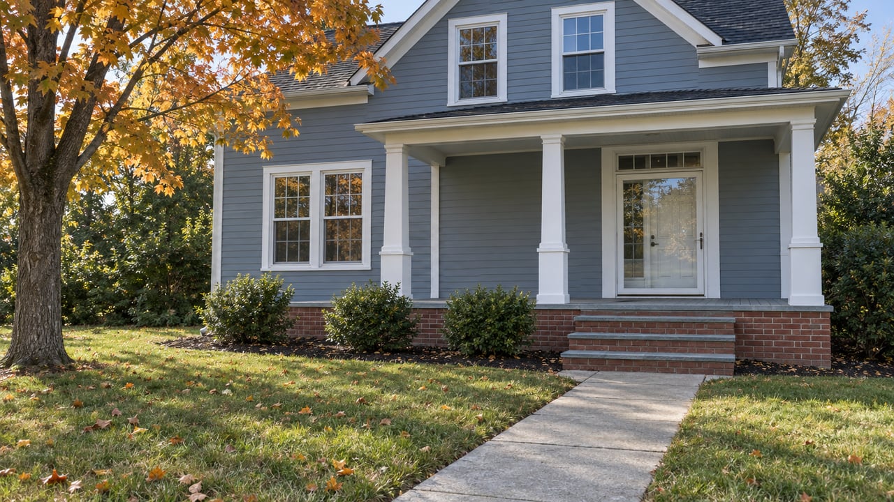 Blue-gray gabled house with white trim, a covered brick porch, a concrete front walk and an amber-leaved maple beside an autumn lawn.